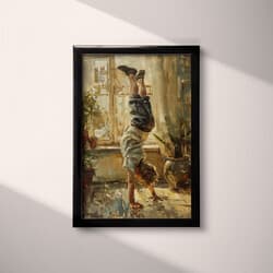 Boy Handstand Art | Children Wall Art | Portrait Print | Green, Brown, Black and White Decor | Vintage Wall Decor | Kids Digital Download | Back To School Art | Oil Painting