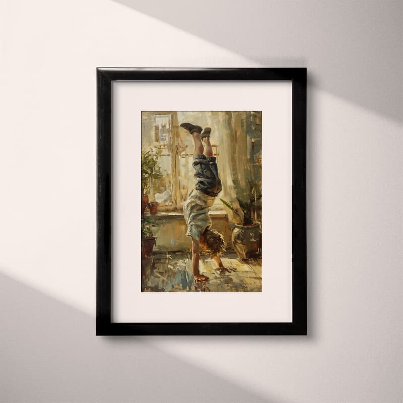 Matted frame view of A vintage oil painting, a boy doing a handstand at home, back view