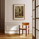 Room view with a matted frame of A vintage oil painting, a boy doing a handstand at home, back view