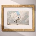 Matted frame view of A vintage pastel pencil illustration, a heron on the beach against a cloudy sky