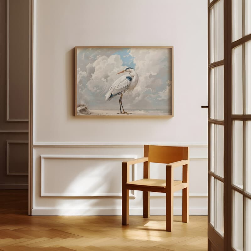 Room view with a full frame of A vintage pastel pencil illustration, a heron on the beach against a cloudy sky