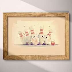 Bowling Pins Digital Download | Sports Wall Decor | Beige, Brown, Purple, Red and Black Decor | Chibi Print | Kids Wall Art | Bachelor Party Art | Pastel Pencil Illustration
