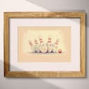 Matted frame view of A cute chibi anime pastel pencil illustration, bowling pins