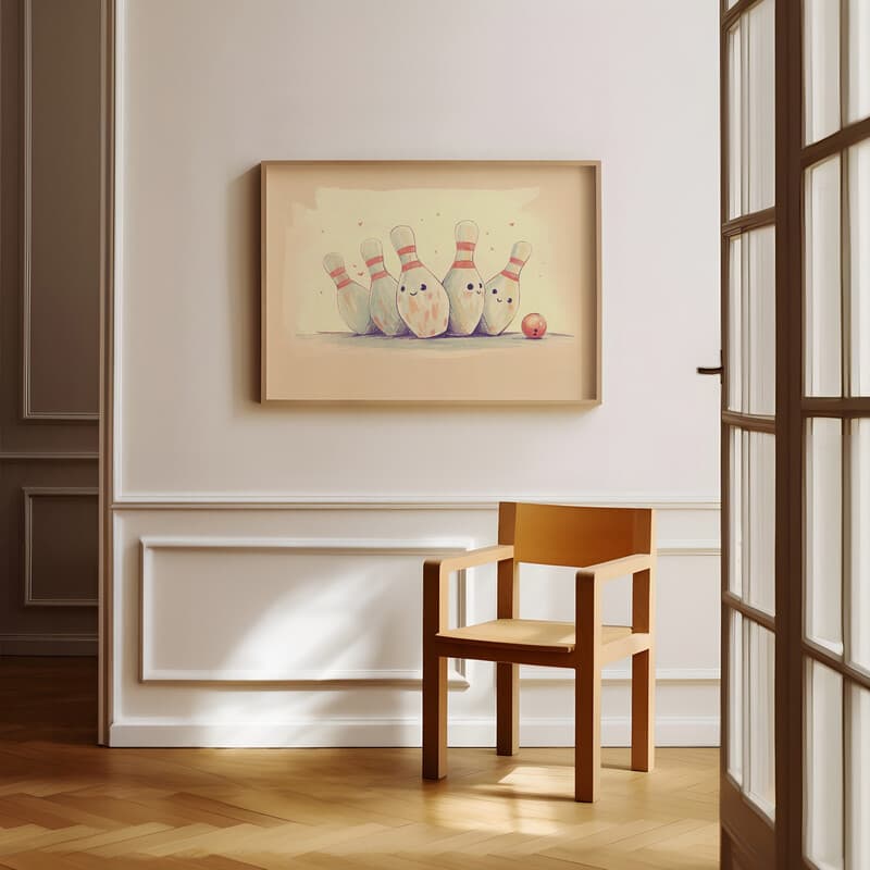 Room view with a full frame of A cute chibi anime pastel pencil illustration, bowling pins