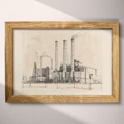 Power Plant Digital Download | Industrial Wall Decor | Architecture Decor | Beige, Black and Gray Print | Vintage Wall Art | Office Art | Graphite Sketch