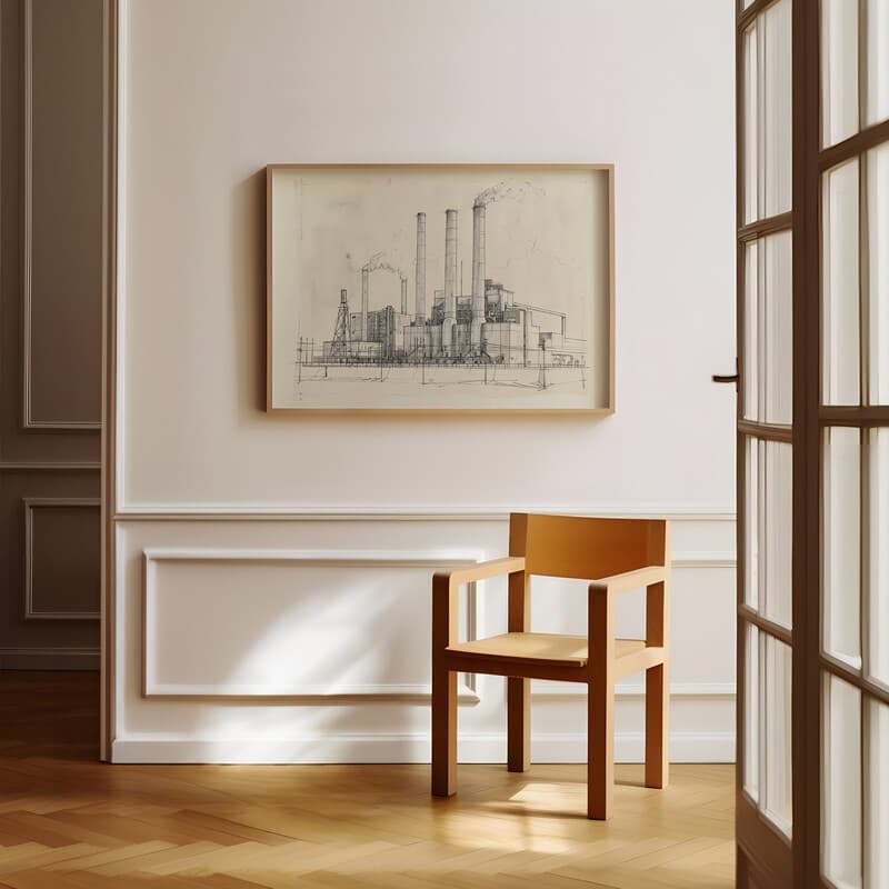 Room view with a full frame of A vintage graphite sketch, a power plant