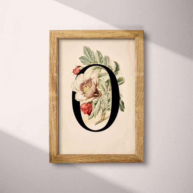 Full frame view of A vintage pastel pencil illustration, the letter "O" with a flower