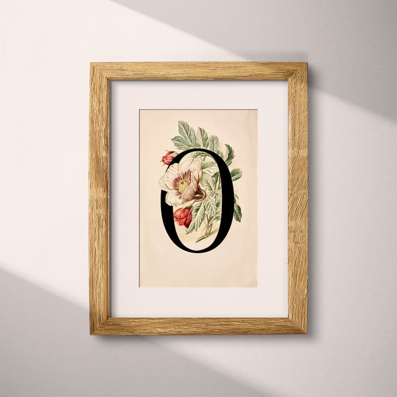 Matted frame view of A vintage pastel pencil illustration, the letter "O" with a flower