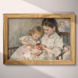 Girl With Dolls Digital Download | Children's Wall Decor | Portrait Decor | Gray, Black and Beige Print | Vintage Wall Art | Kids Art | Baby Shower Digital Download | Autumn Wall Decor | Oil Painting