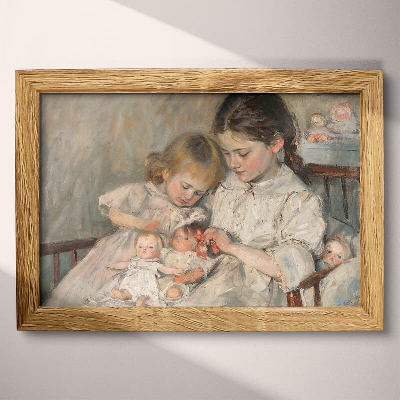 Full frame view of A vintage oil painting, a girl playing with dolls