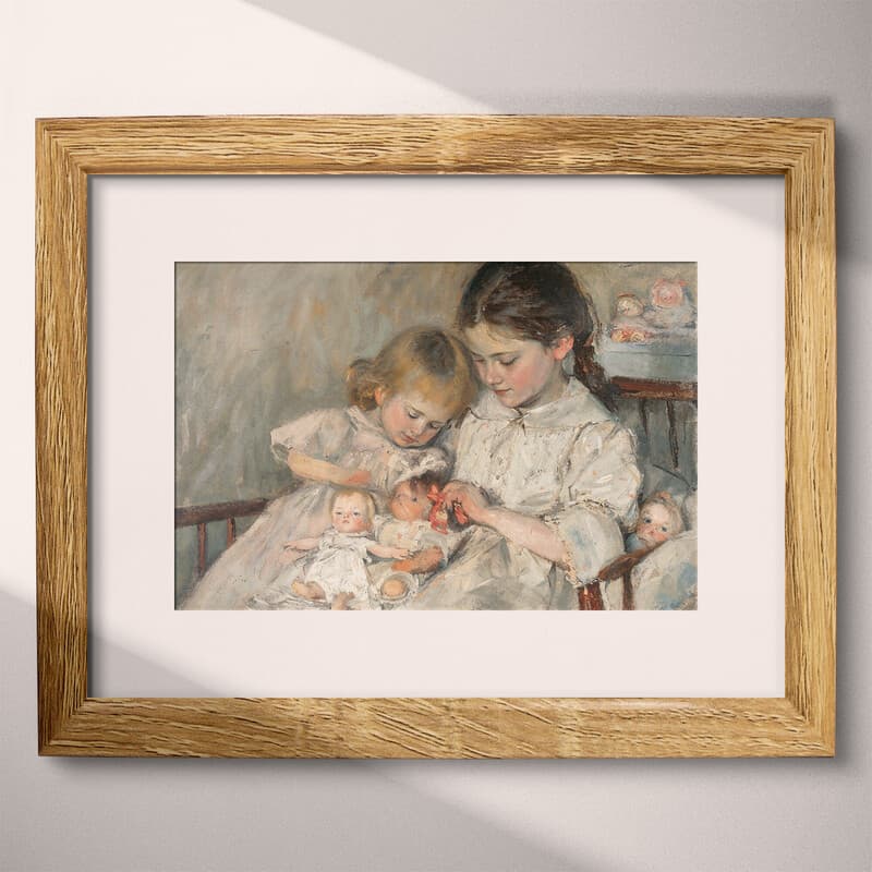 Matted frame view of A vintage oil painting, a girl playing with dolls