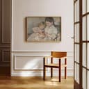 Room view with a full frame of A vintage oil painting, a girl playing with dolls