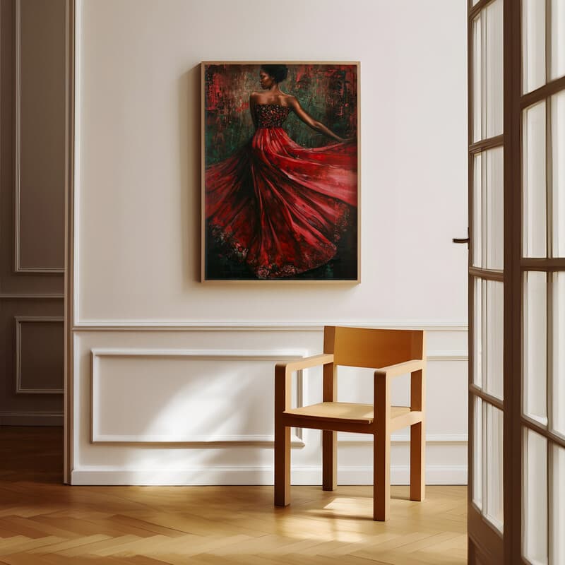 Room view with a full frame of An afrofuturism oil painting, a woman in a flowing dress