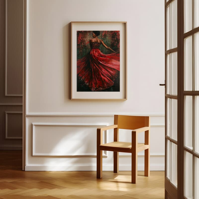 Room view with a matted frame of An afrofuturism oil painting, a woman in a flowing dress