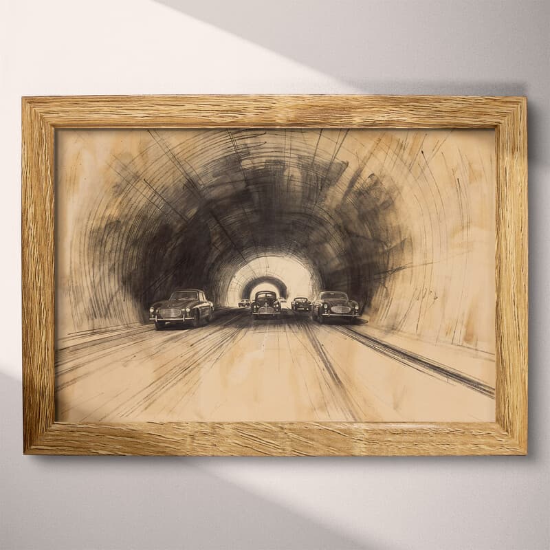 Full frame view of A vintage graphite sketch, cars in a tunnel