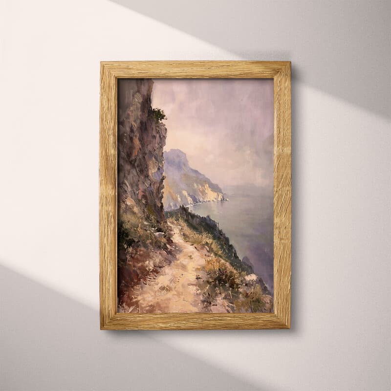 Full frame view of An impressionist oil painting, a trail along a mountain cliff, gray sky