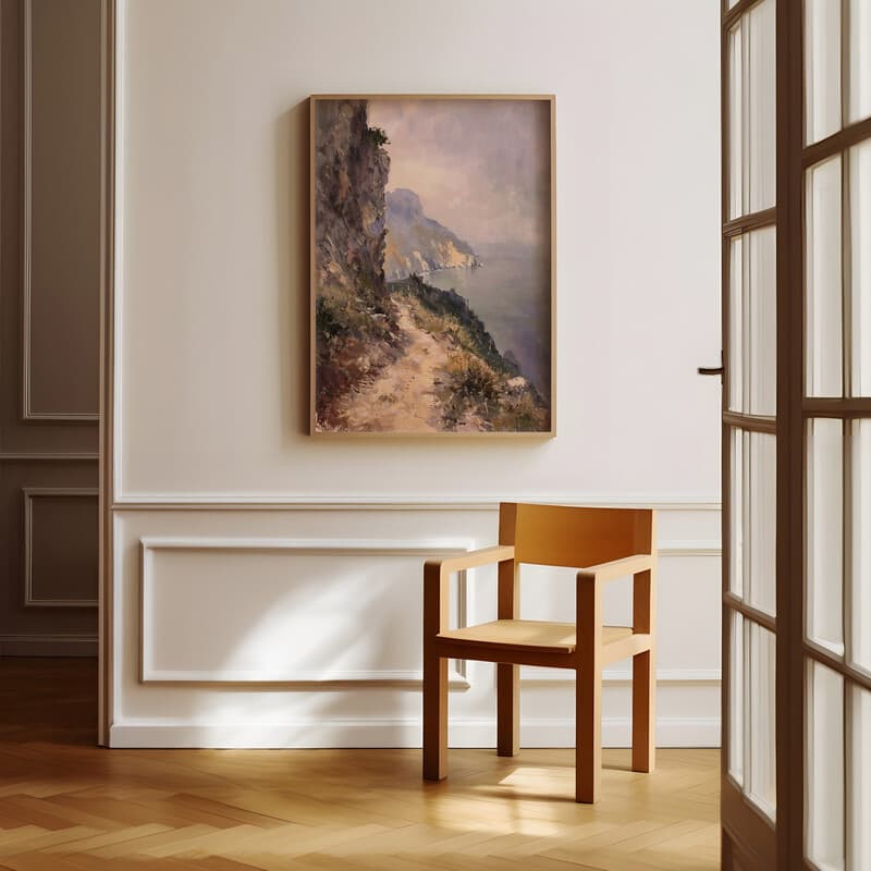 Room view with a full frame of An impressionist oil painting, a trail along a mountain cliff, gray sky