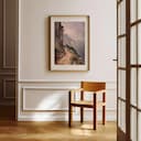 Room view with a matted frame of An impressionist oil painting, a trail along a mountain cliff, gray sky