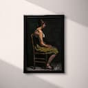 Full frame view of A chicano art oil painting, a woman sitting on a chair, side view