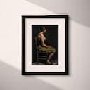 Matted frame view of A chicano art oil painting, a woman sitting on a chair, side view