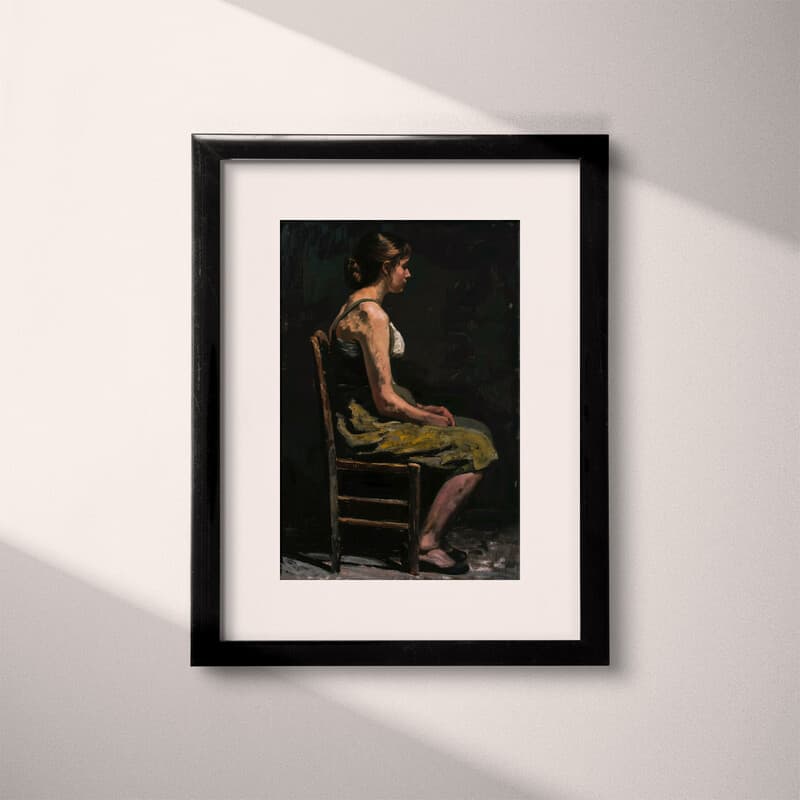 Matted frame view of A chicano art oil painting, a woman sitting on a chair, side view