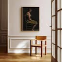 Room view with a full frame of A chicano art oil painting, a woman sitting on a chair, side view