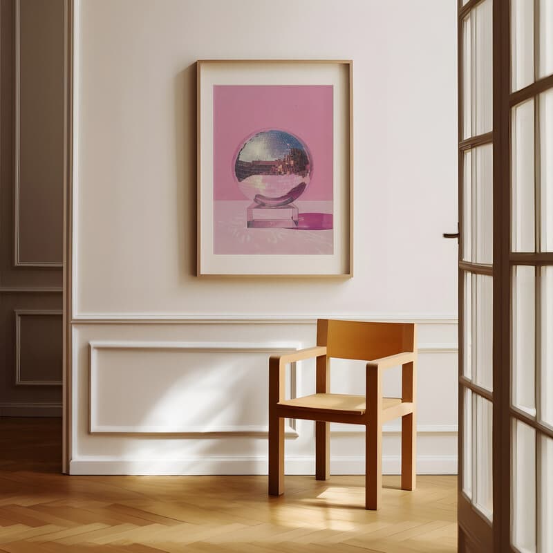 Room view with a matted frame of A retro pastel pencil illustration, a disco ball