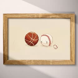 Basketball Art | Sports Wall Art | Sports Print | White, Brown and Pink Decor | Chibi Wall Decor | Kids Digital Download | Back To School Art | Father's Day Wall Art | Summer Print | Pastel Pencil Illustration