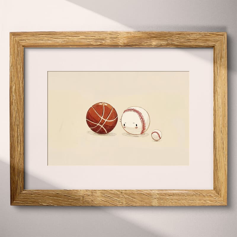 Matted frame view of A cute chibi anime pastel pencil illustration, a basketball and baseball