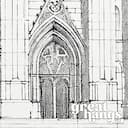 Closeup view of A vintage graphite sketch, front view of a cathedral