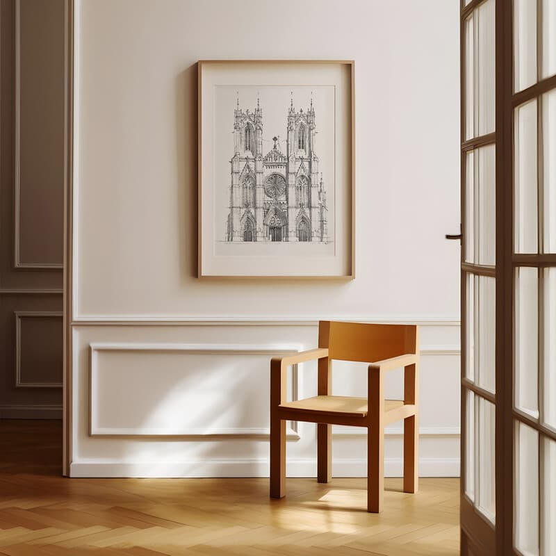 Room view with a matted frame of A vintage graphite sketch, front view of a cathedral