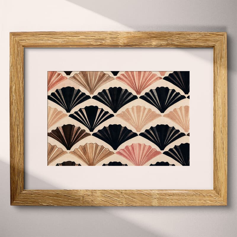 Matted frame view of A vintage textile print, symmetric pattern of folding fans