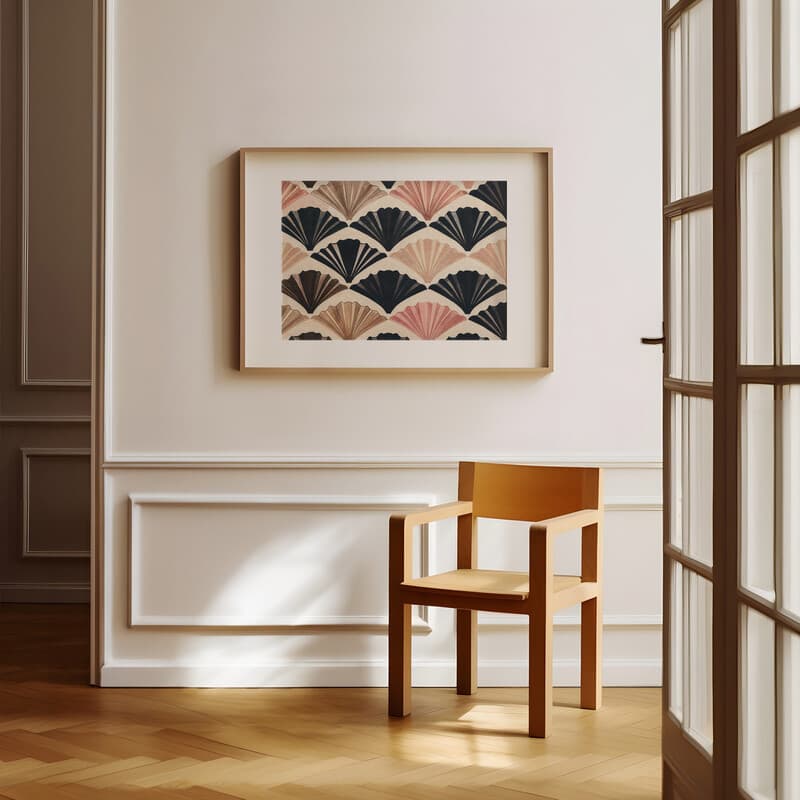 Room view with a matted frame of A vintage textile print, symmetric pattern of folding fans