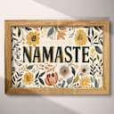 Full frame view of A botanical linocut print, the words "NAMASTE" with a floral pattern