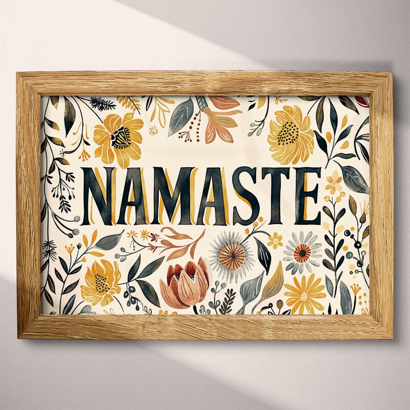 Full frame view of A botanical linocut print, the words "NAMASTE" with a floral pattern