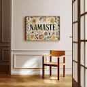 Room view with a full frame of A botanical linocut print, the words "NAMASTE" with a floral pattern