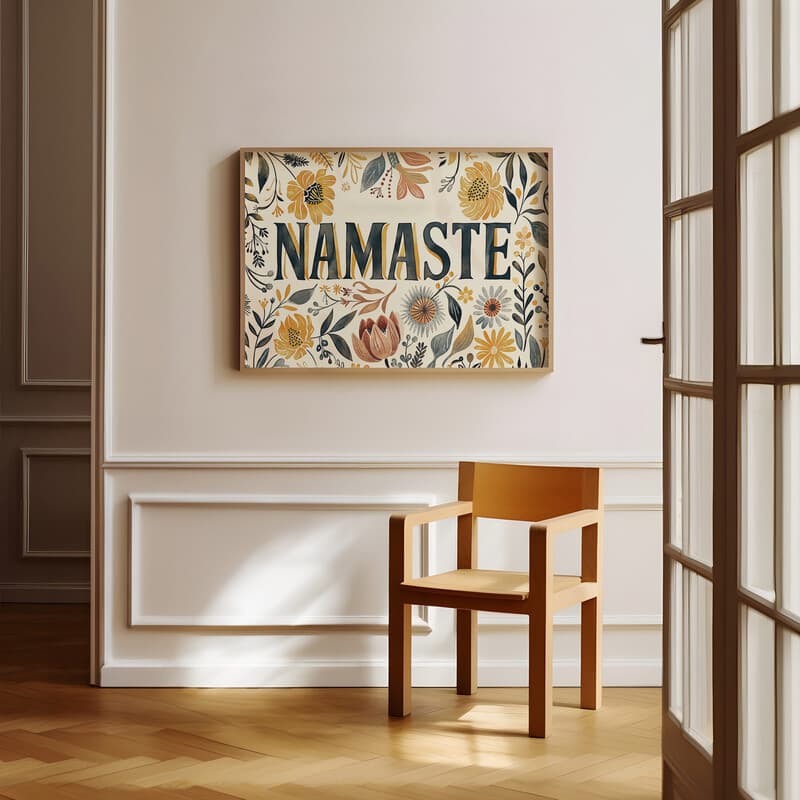 Room view with a full frame of A botanical linocut print, the words "NAMASTE" with a floral pattern