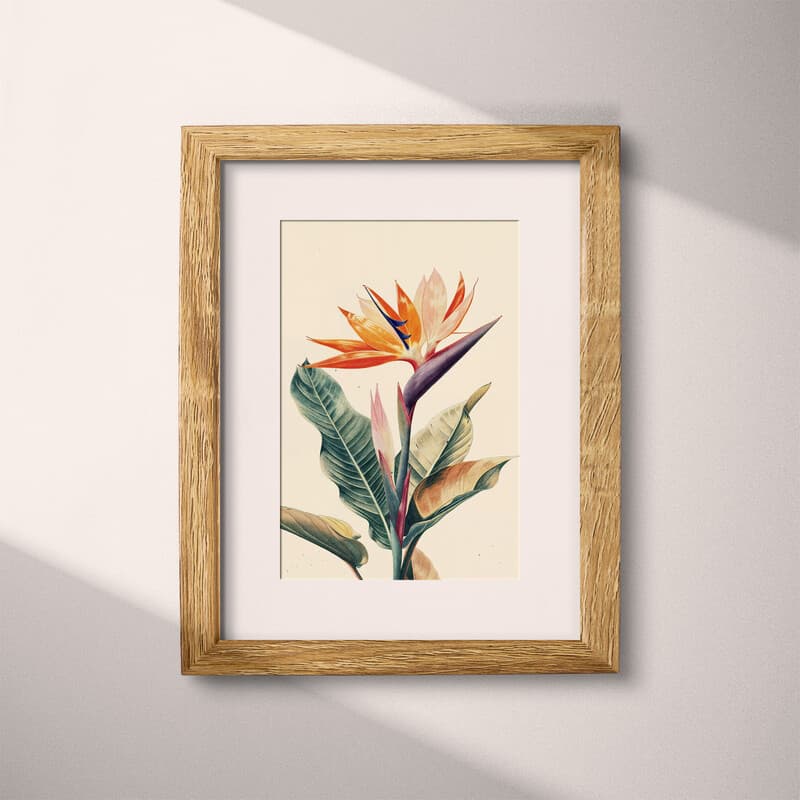 Matted frame view of A scandinavian colored pencil illustration, a birds of paradise flower