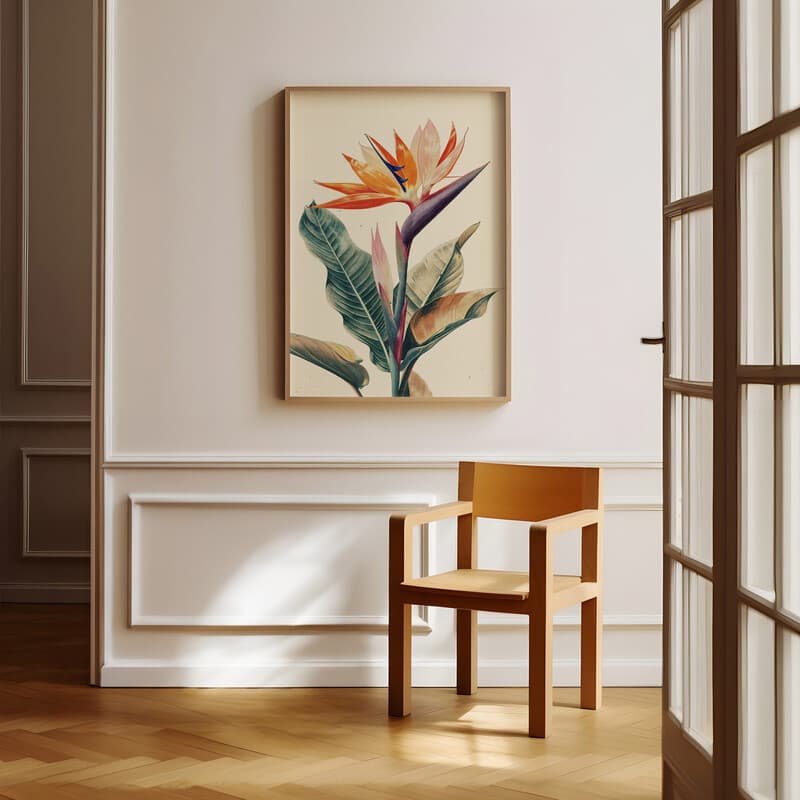 Room view with a full frame of A scandinavian colored pencil illustration, a birds of paradise flower