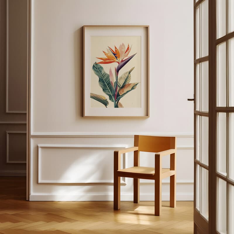 Room view with a matted frame of A scandinavian colored pencil illustration, a birds of paradise flower