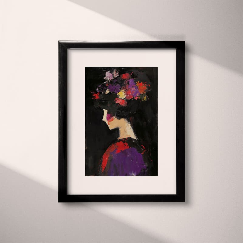 Matted frame view of An abstract vintage oil painting, a woman with flowers in her hair