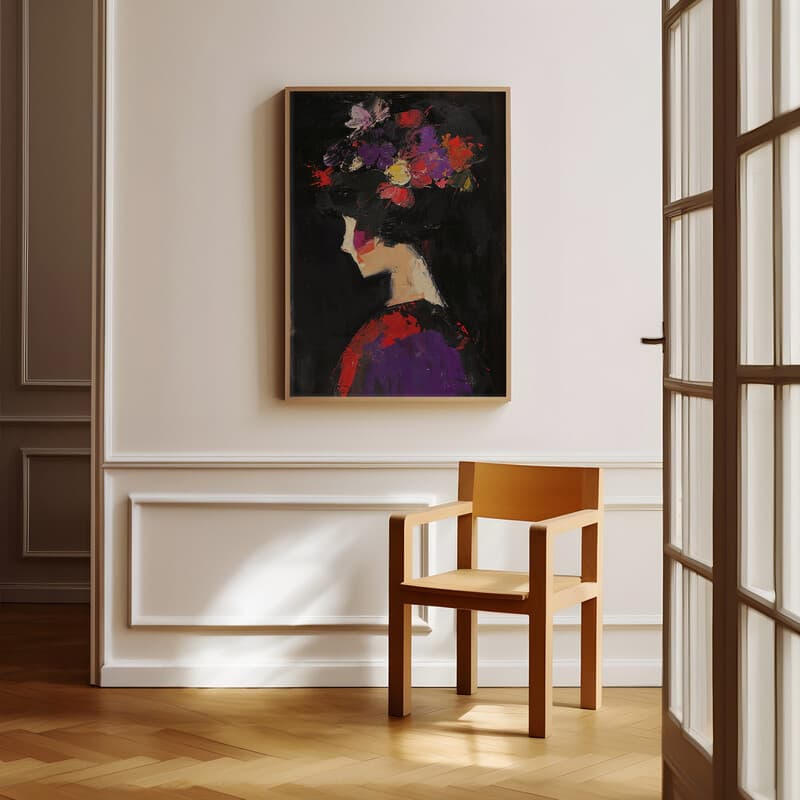 Room view with a full frame of An abstract vintage oil painting, a woman with flowers in her hair