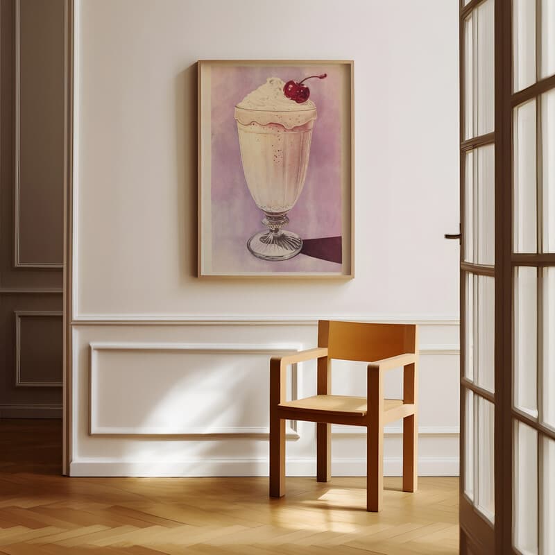 Room view with a full frame of A vintage pastel pencil illustration, a milkshake with a cherry