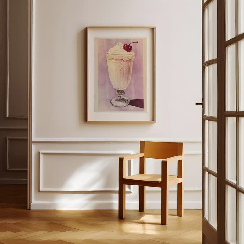 Room view with a matted frame of A vintage pastel pencil illustration, a milkshake with a cherry