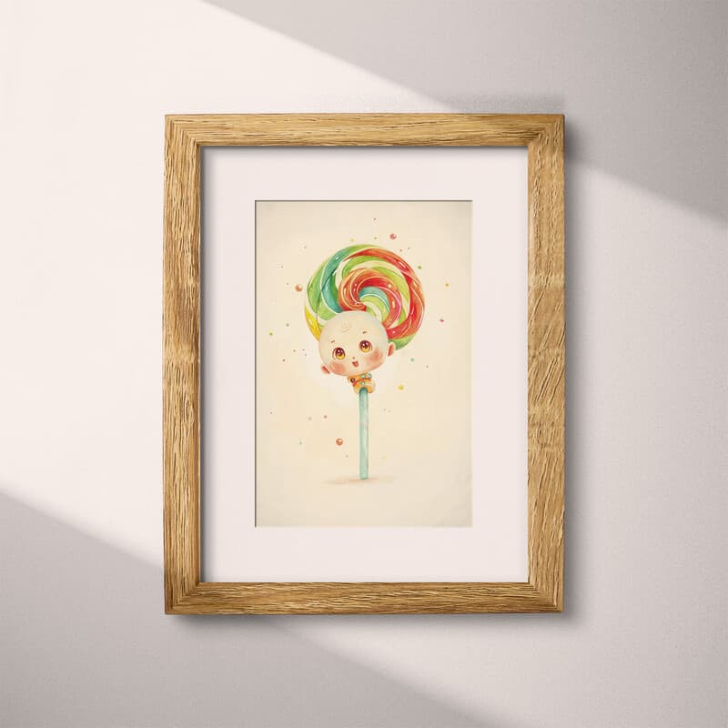 Matted frame view of A cute chibi anime pastel pencil illustration, a lollipop