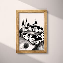 Village Art | Landscape Wall Art | Architecture Print | White, Black and Gray Decor | Scandinavian Wall Decor | Living Room Digital Download | Housewarming Art | Winter Wall Art | Ink Sketch