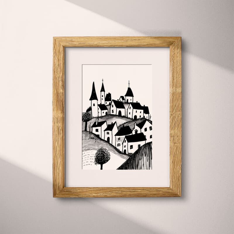 Matted frame view of A scandinavian ink sketch, a village