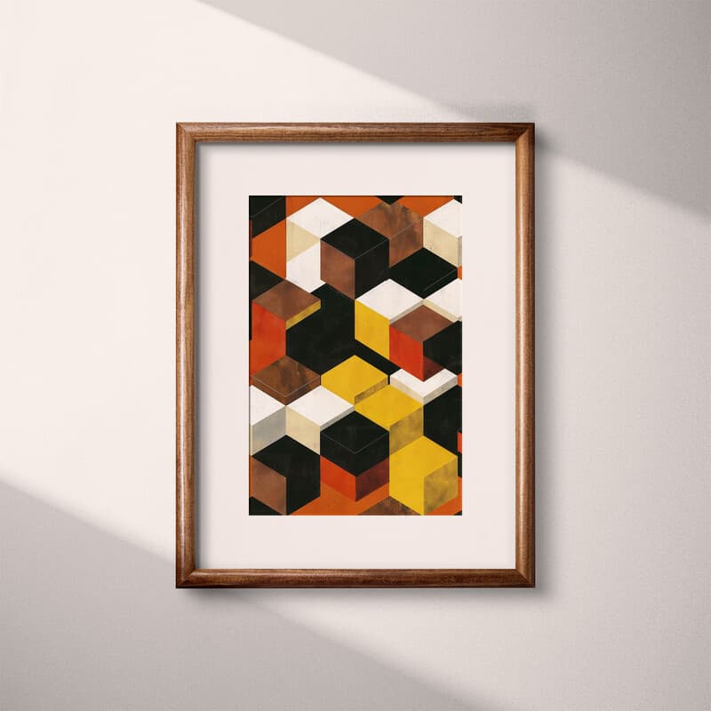 Matted frame view of A minimalist textile print, symmetric pattern of cubes