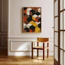 Room view with a full frame of A minimalist textile print, symmetric pattern of cubes