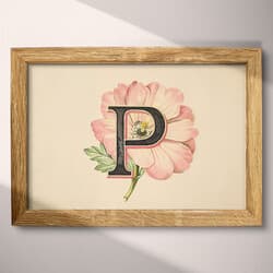 Letter P Art | Typography Wall Art | Flowers Print | White, Black, Pink and Brown Decor | Vintage Wall Decor | Nursery Digital Download | Back To School Art | Valentine's Day Wall Art | Spring Print | Pastel Pencil Illustration